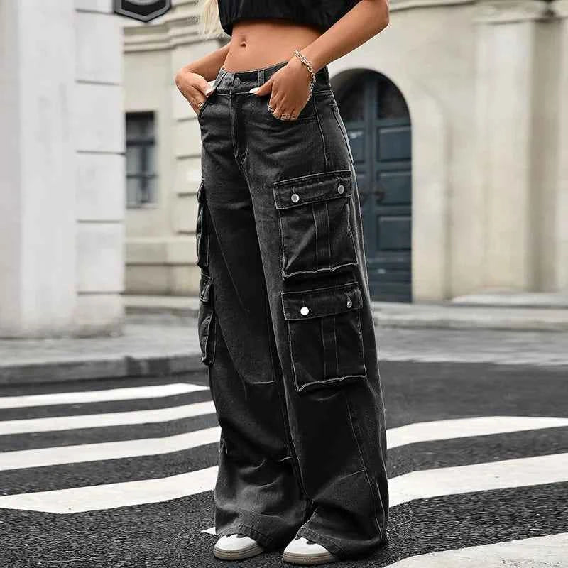 Women Retro Mid-Waisted Cargo Jeans