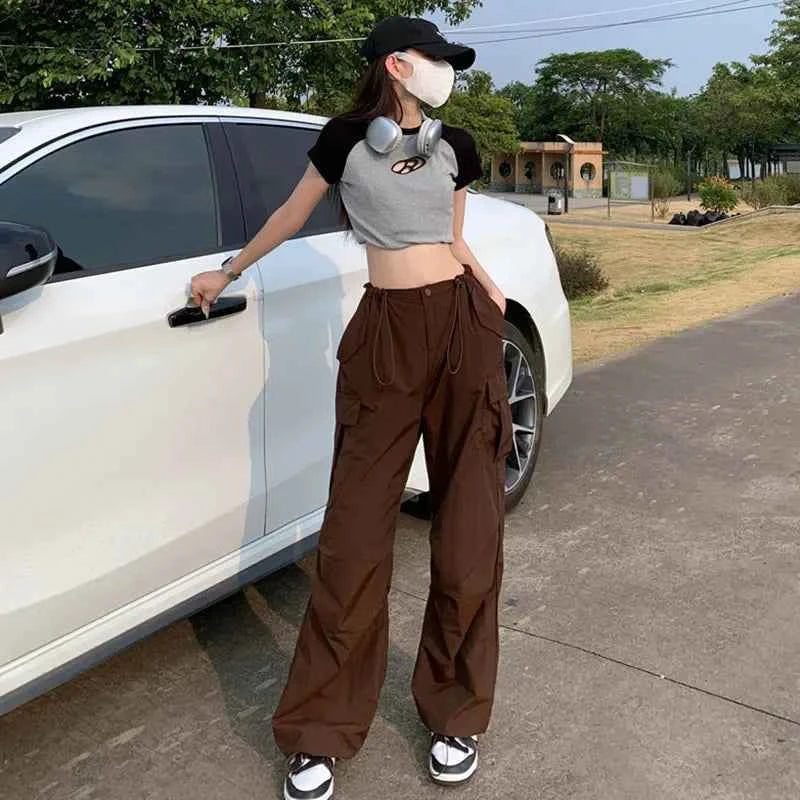 Women Cool Brown Vintage Drawstring Cargo Pants