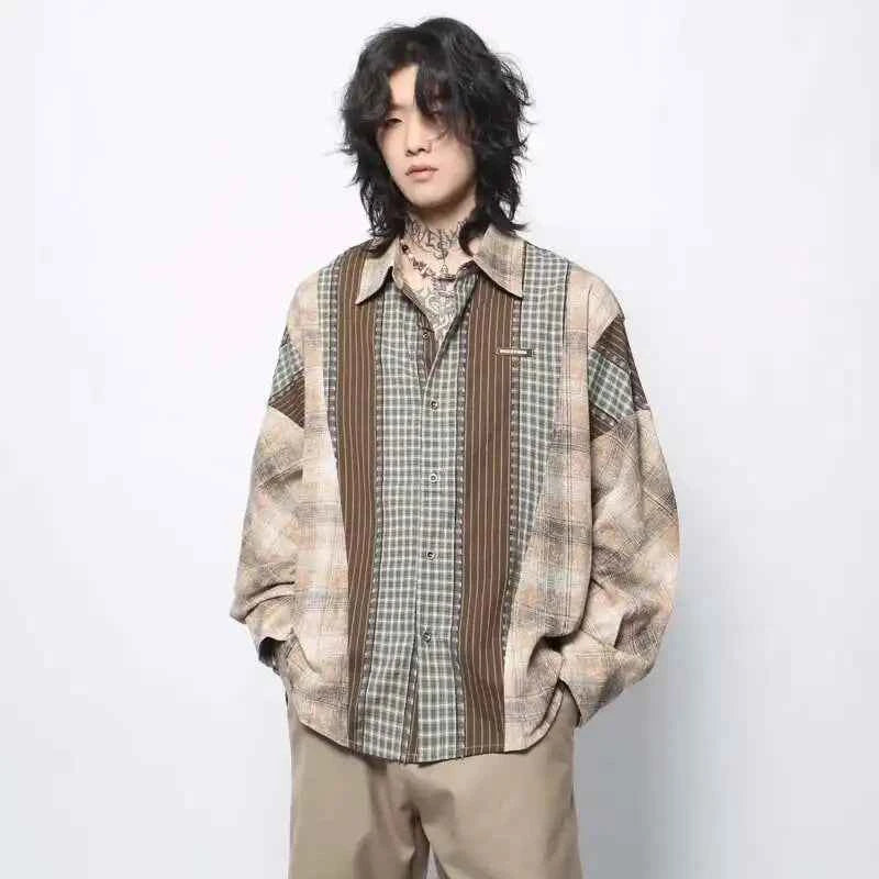 Men Flattering Colorblock Plaid Long Sleeved Shirt