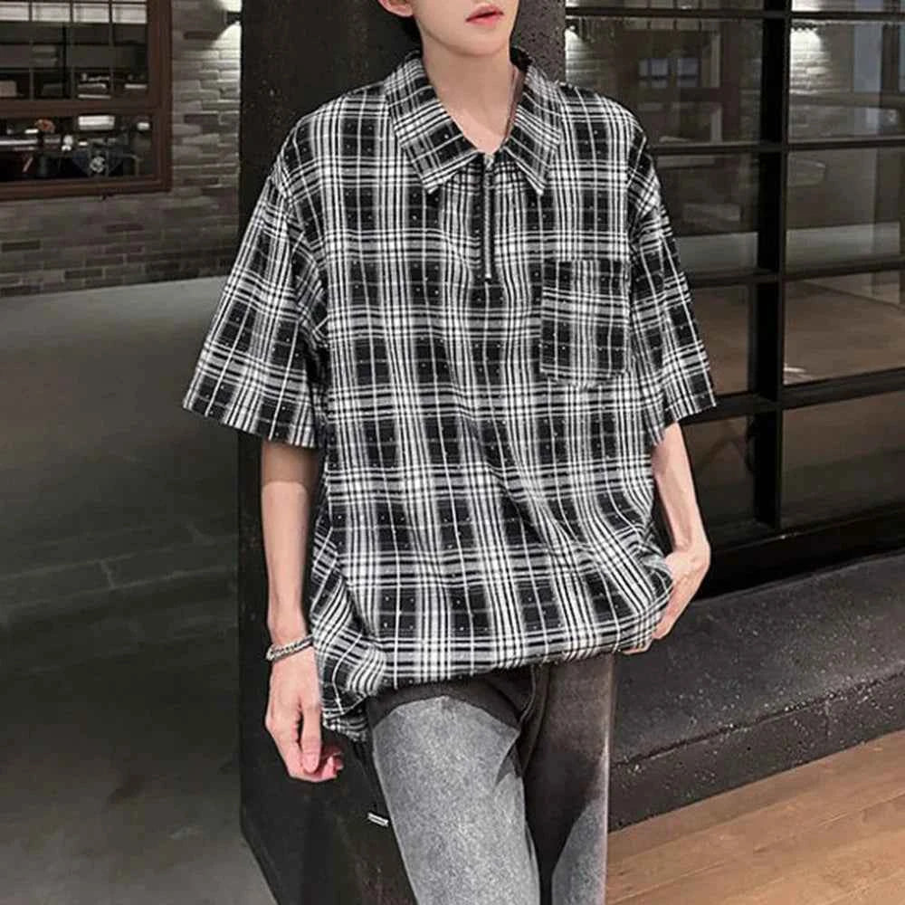 Diamond Plaid Half Zip Casual Shirt