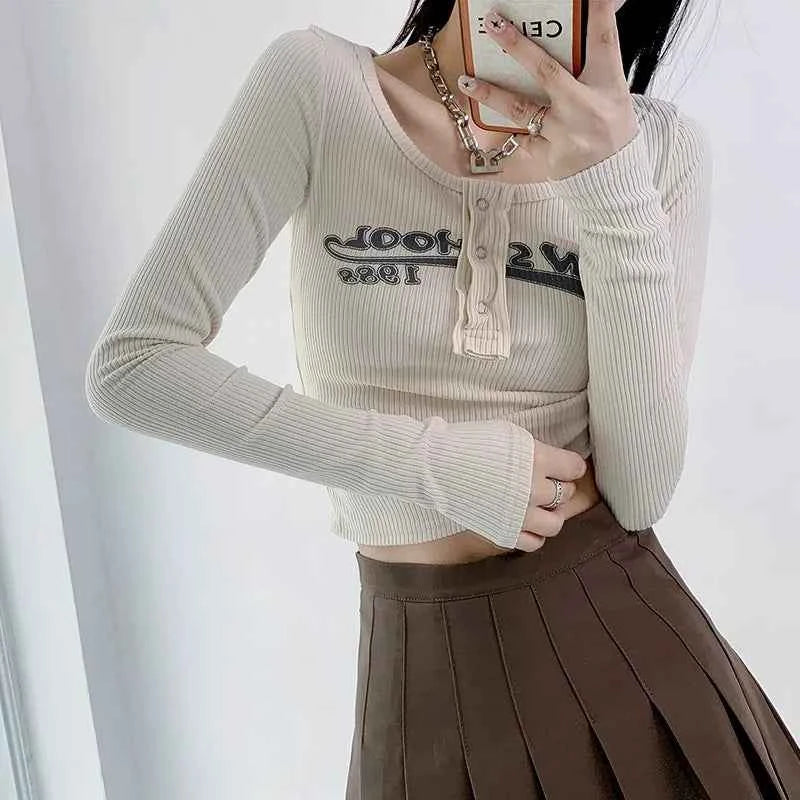 Vintage Letter Print Ribbed Crop T-Shirt