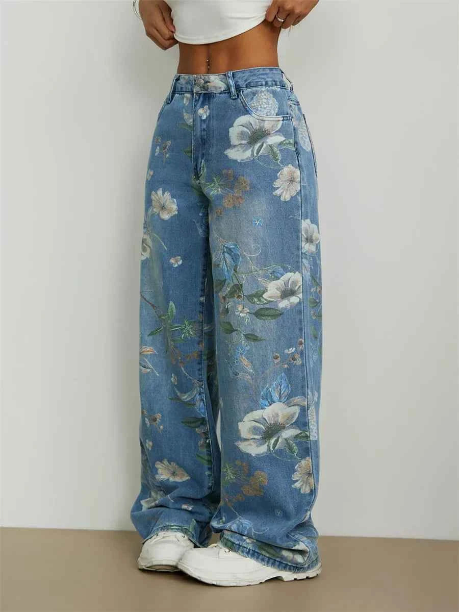 Vintage Flower Mid-Waisted Loose Straight Leg Jeans