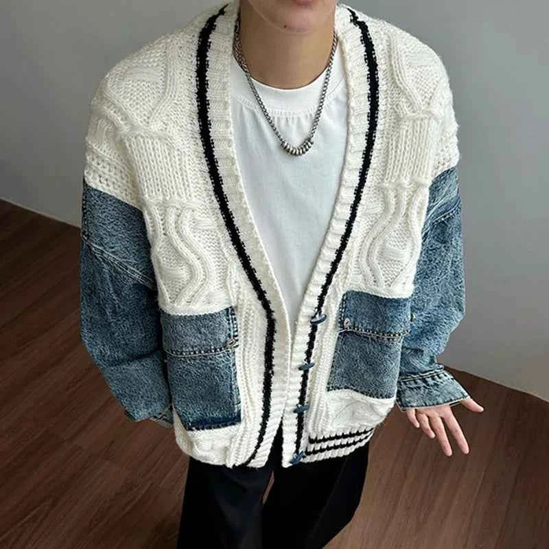 Lightweight Patchwork V-Neck Denim Cardigan