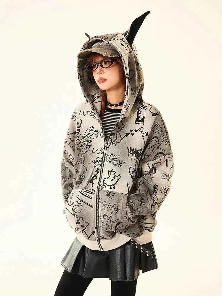 Women American Style Doberman Print Hooded Sweatshirt