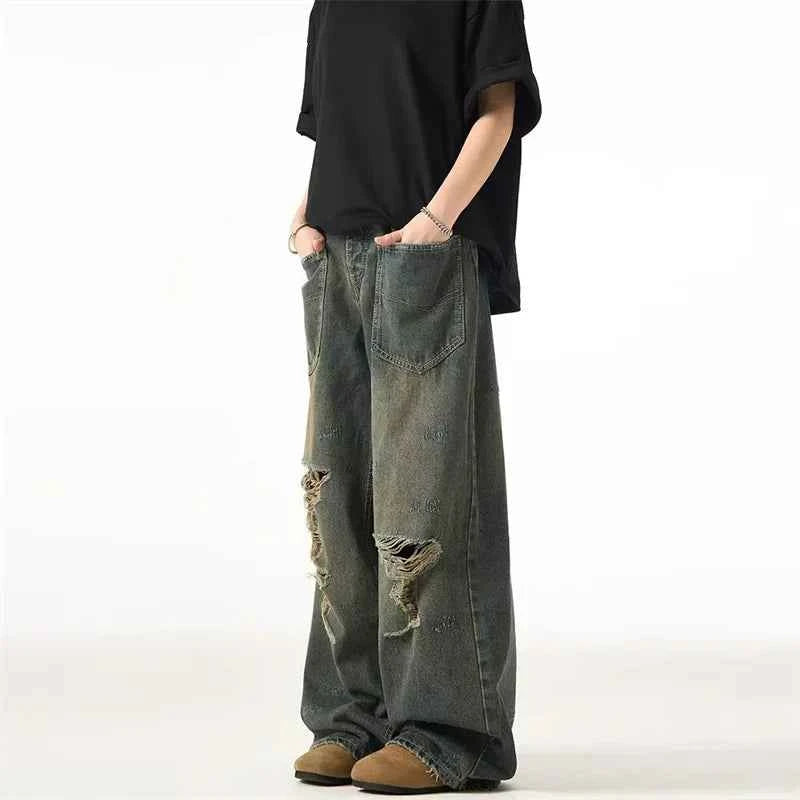 Retro American Ripped Distressed Wide Jeans