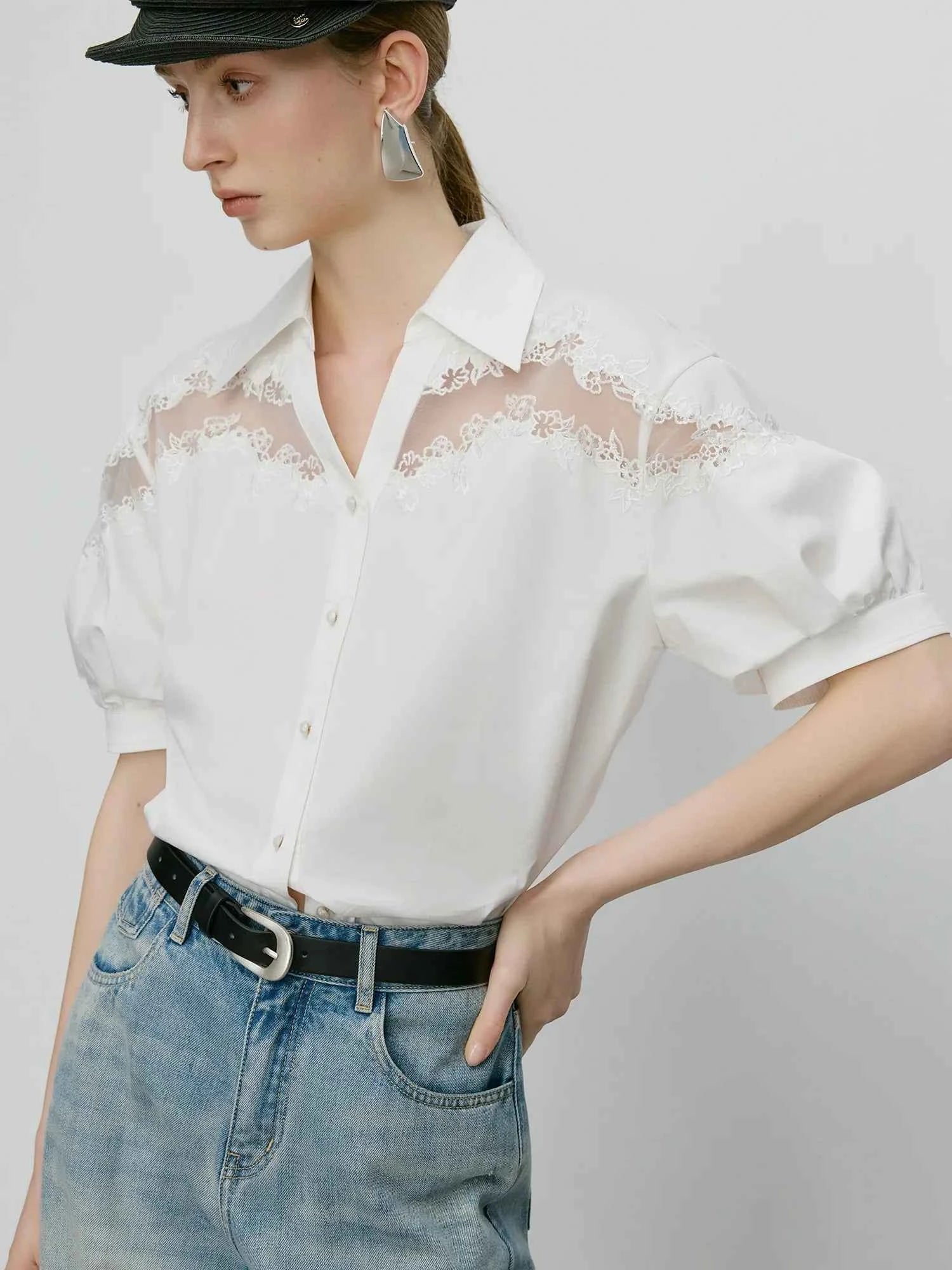 Classic Luxurious Sheer Lace Summer Blouse Shirt
