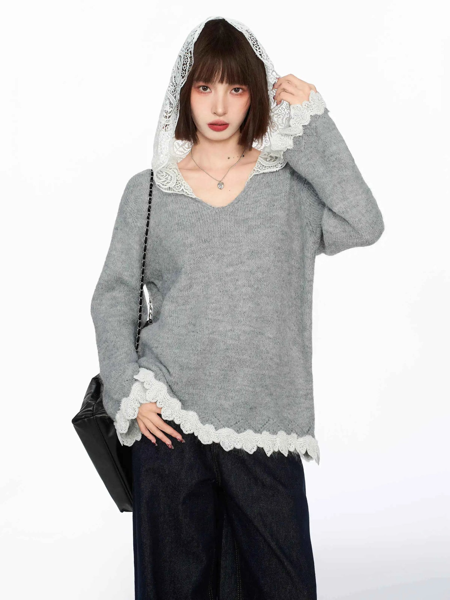 Back to Basics Cozy Lace V Neck Hodded Sweater