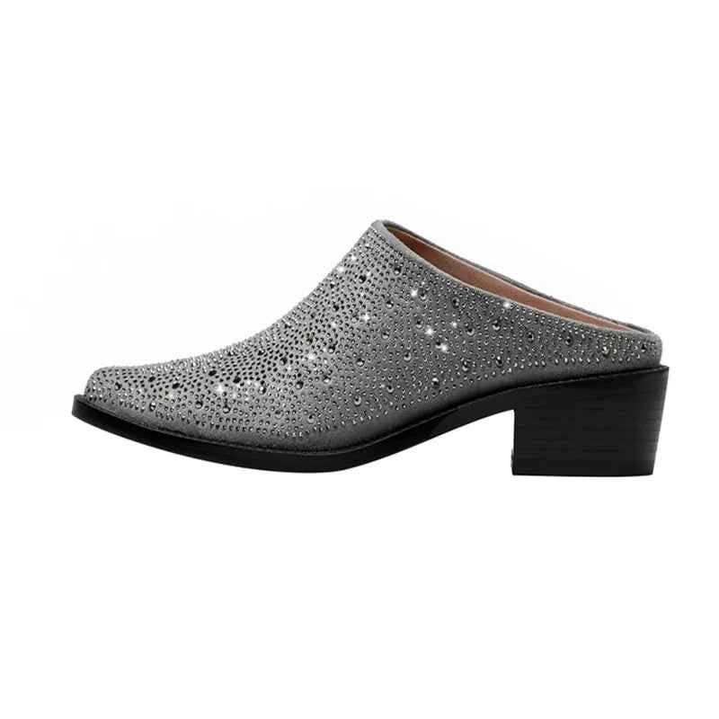 LUW Crystal Pointed Mules - Luxury Rhinestone Baotou Thick-Heel Pumps