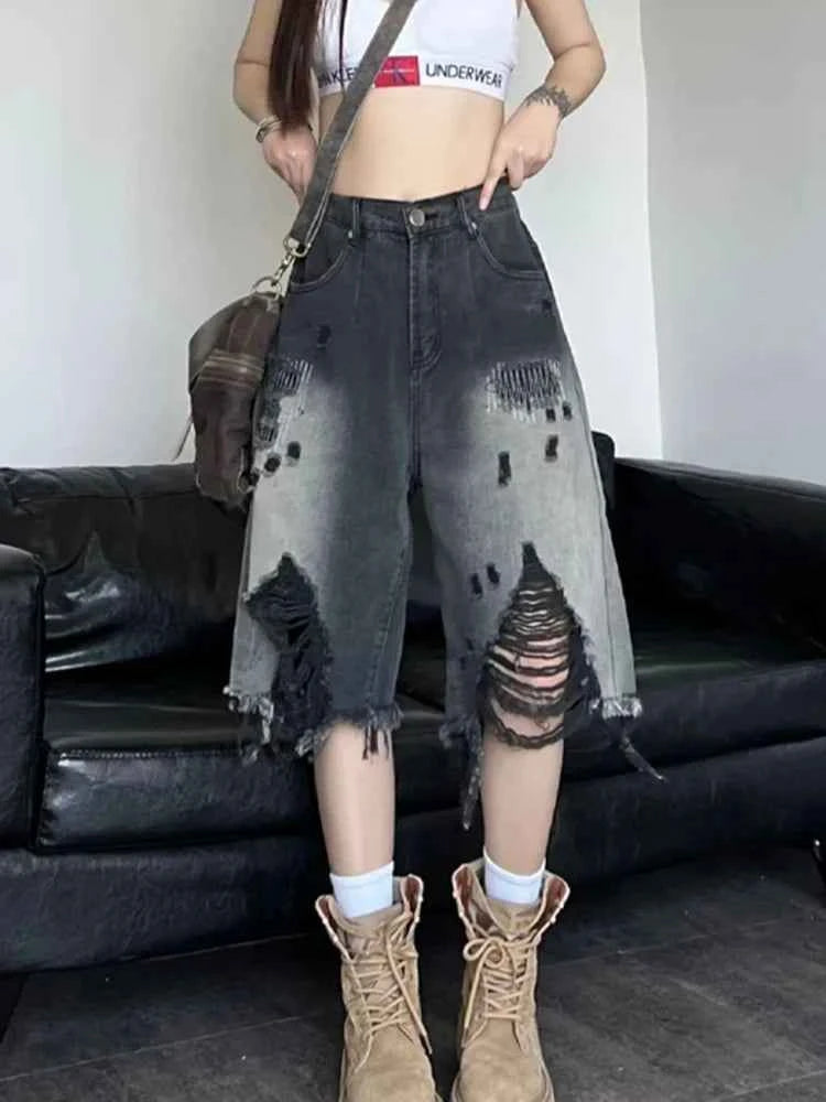Women American Style Retro Gradient Denim Jorts