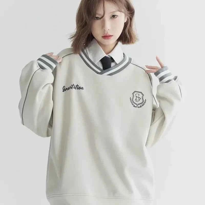 American Style Contrasting Color Retro V-Neck Sweatshirt