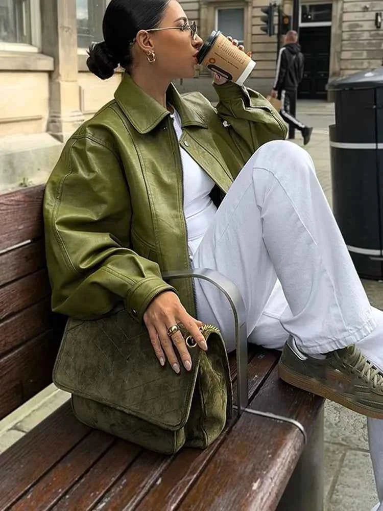 Women Casual Chic Green Lapel Collar PU Leather Jacket