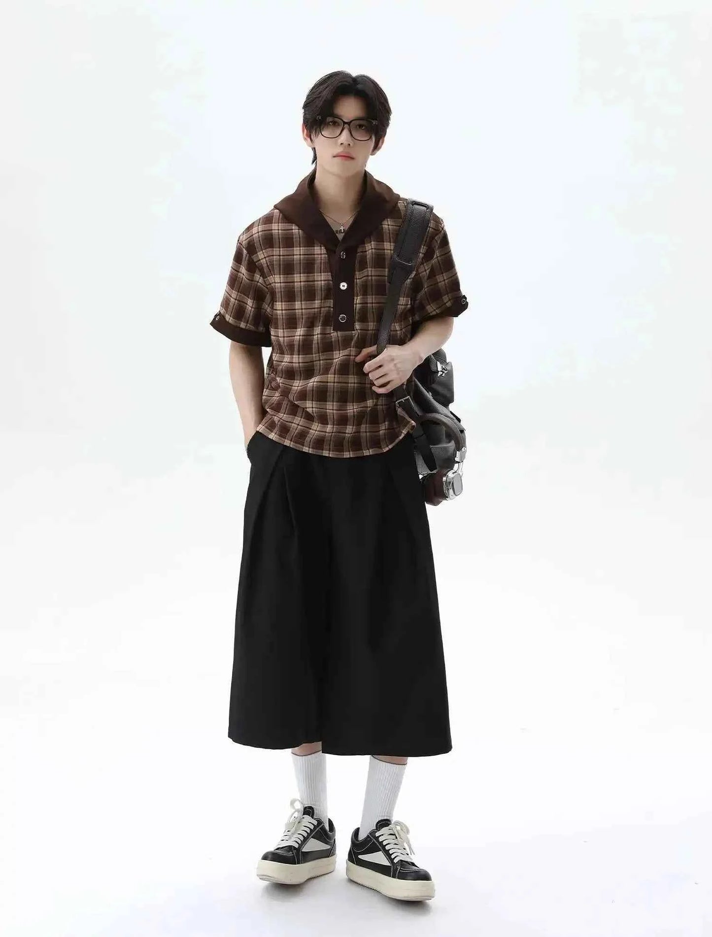 Effortless Plaid Button-Up Hooded T-Shirt