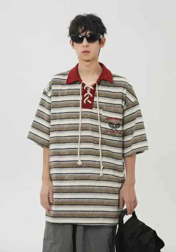 Vintage Striped Patchwork Lace-Up Polo T-Shirt