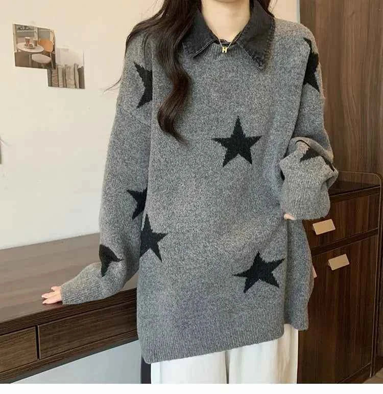Women Retro Stars Vintage Patchwork Sweater