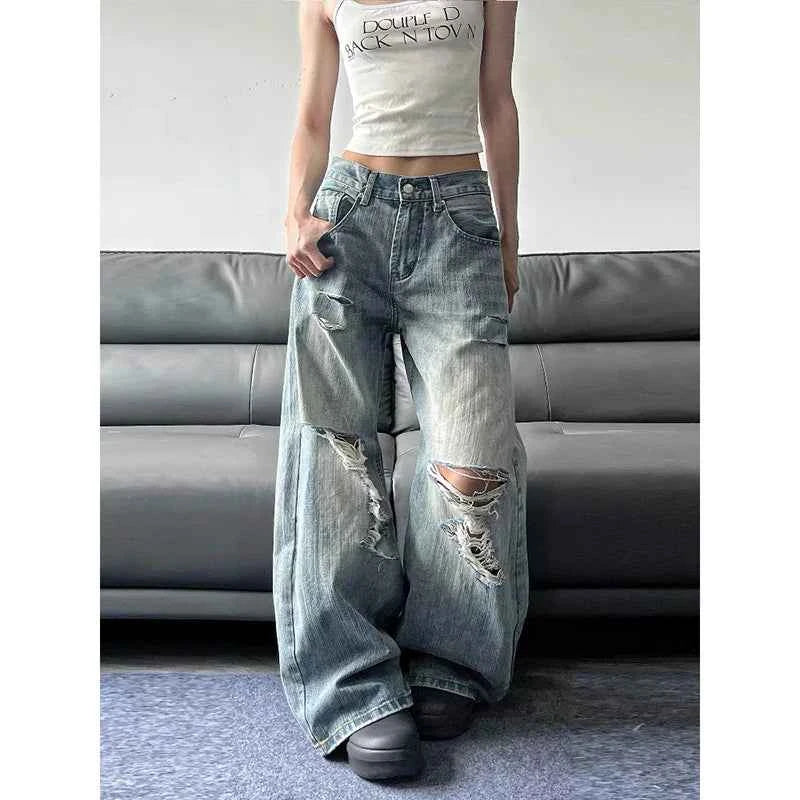 Durable Y2K High Waist Ripped Blue Wide Leg Jeans