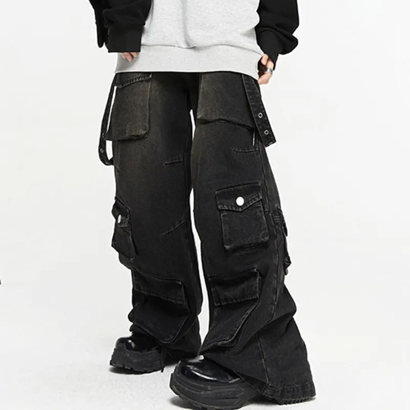 Baggy Washed Denim Cargo Pants - Multi-Pocket Streetwear | LuxuryUrbanwear - Luxuryurbanwear