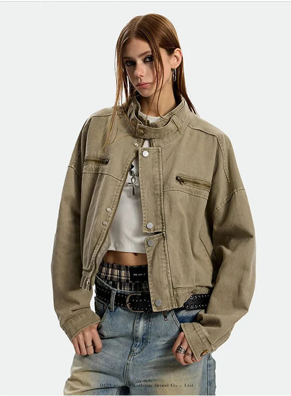 Streetwear Slim Fit Cropped Zipper Denim Jacket - Luxuryurbanwear