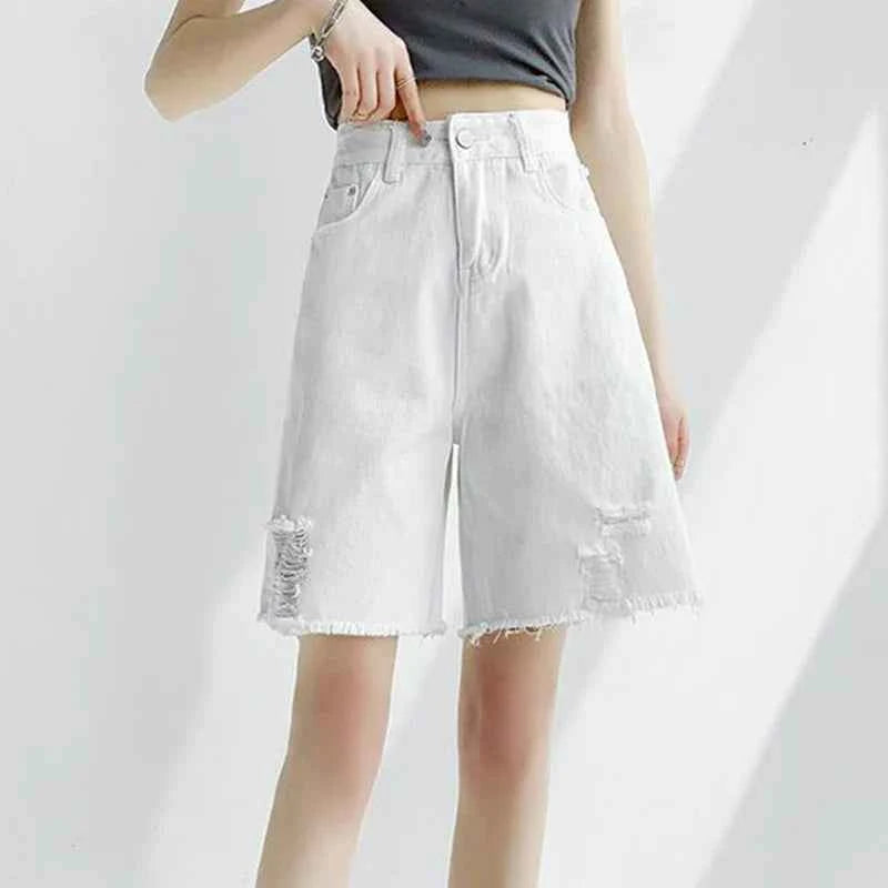 Korean White Stylish Tassels Denim Shorts