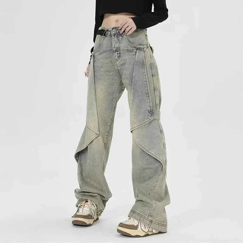 Snuggle-Ready Patchwork Denim Wide Leg Jeans