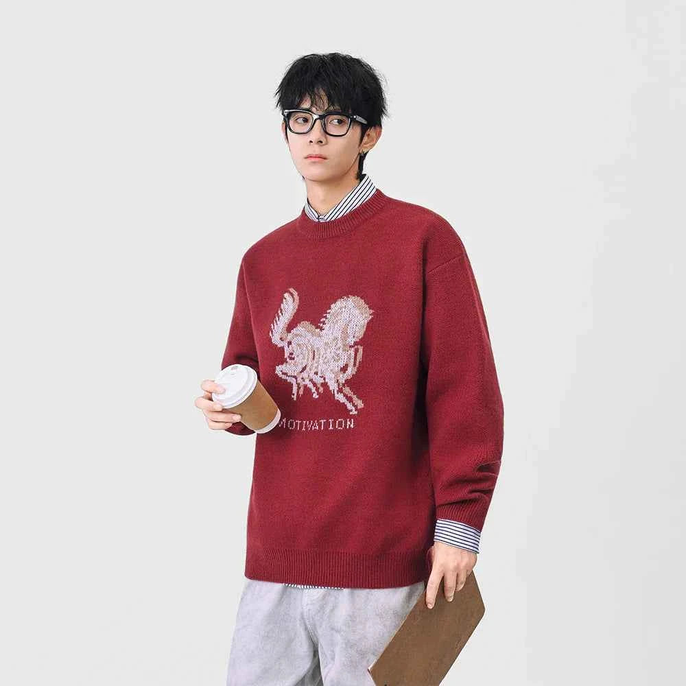 Cozy Horse Print Crew Neck Classic Sweater