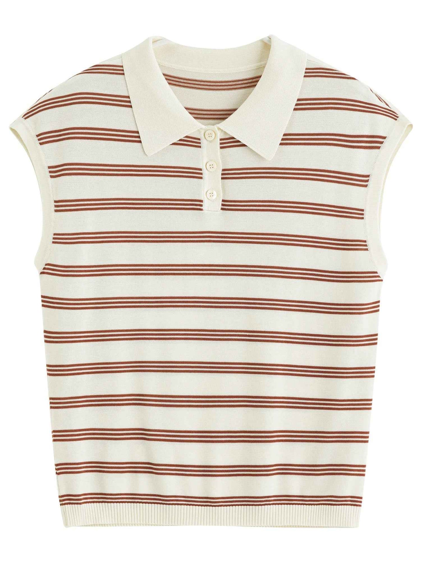 Women Casual Striped Knit Sleeveless Button Collar T-Shirt