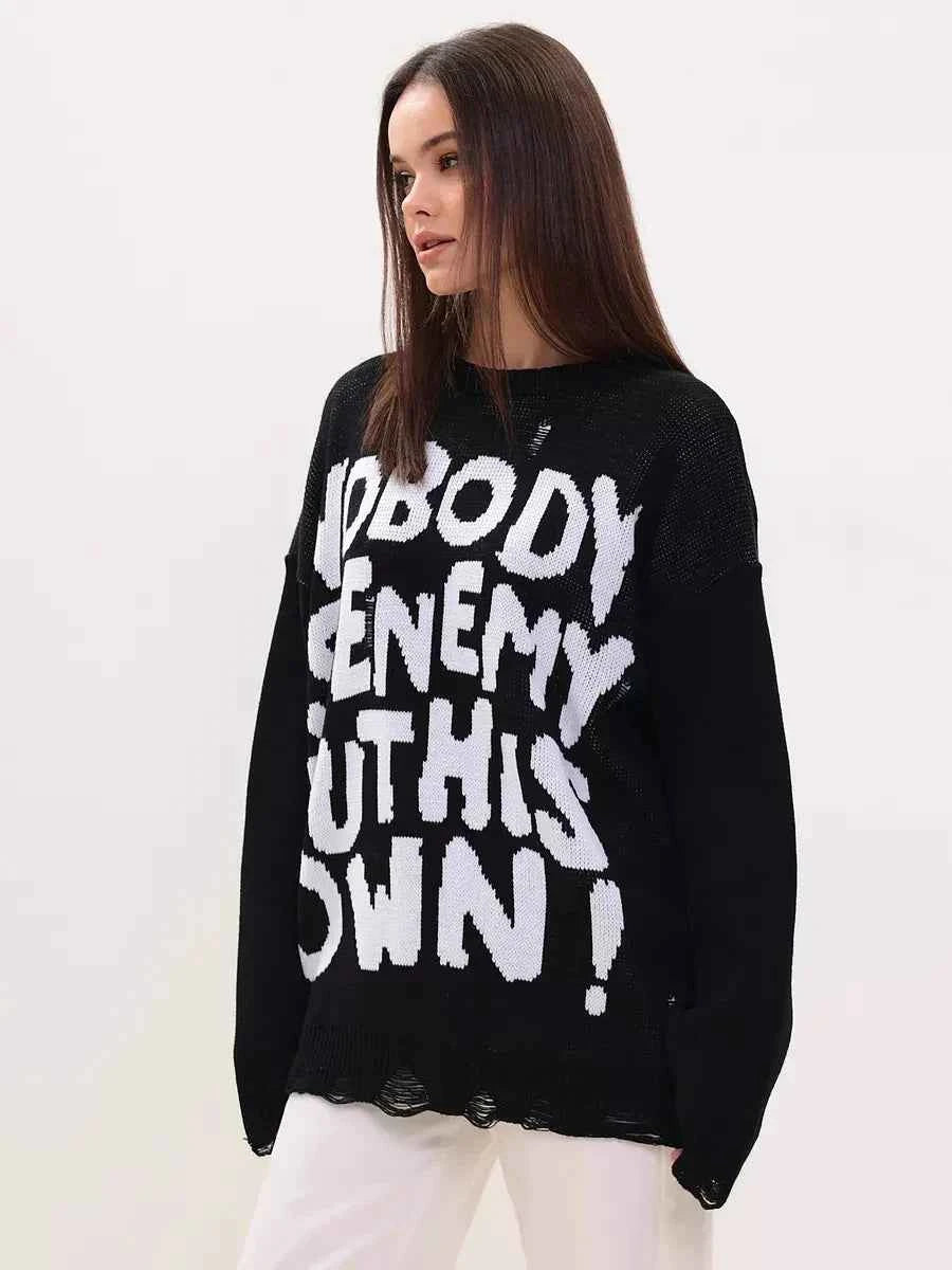 Women Retro Oversized Letter Printed Sweater
