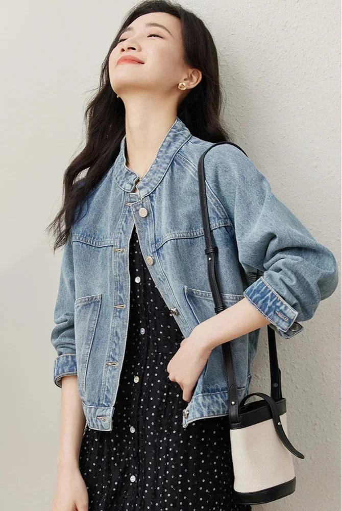 Stylish Stand Collar Denim Jacket Jeans - Luxuryurbanwear