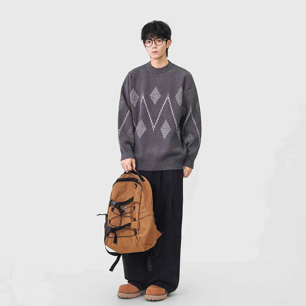 Cozy Argyle Knit Crew Neck Classic Sweater