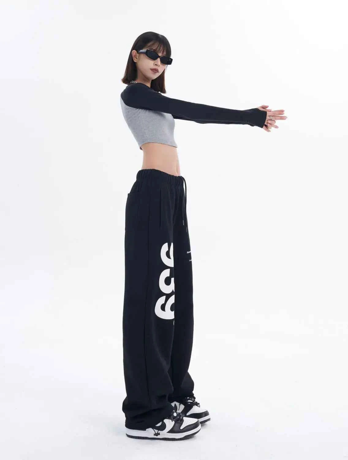 Vintage Black Korean Letter Print Wide Sweatpants