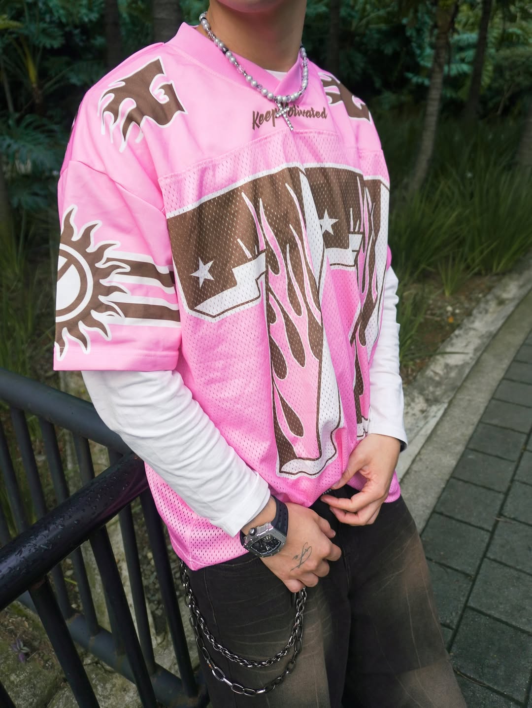 77 Flame Print Pink Mesh Jersey - Y2K Cyber Aesthetic Soccer Kit | LuxuryUrbanwear - Luxuryurbanwear