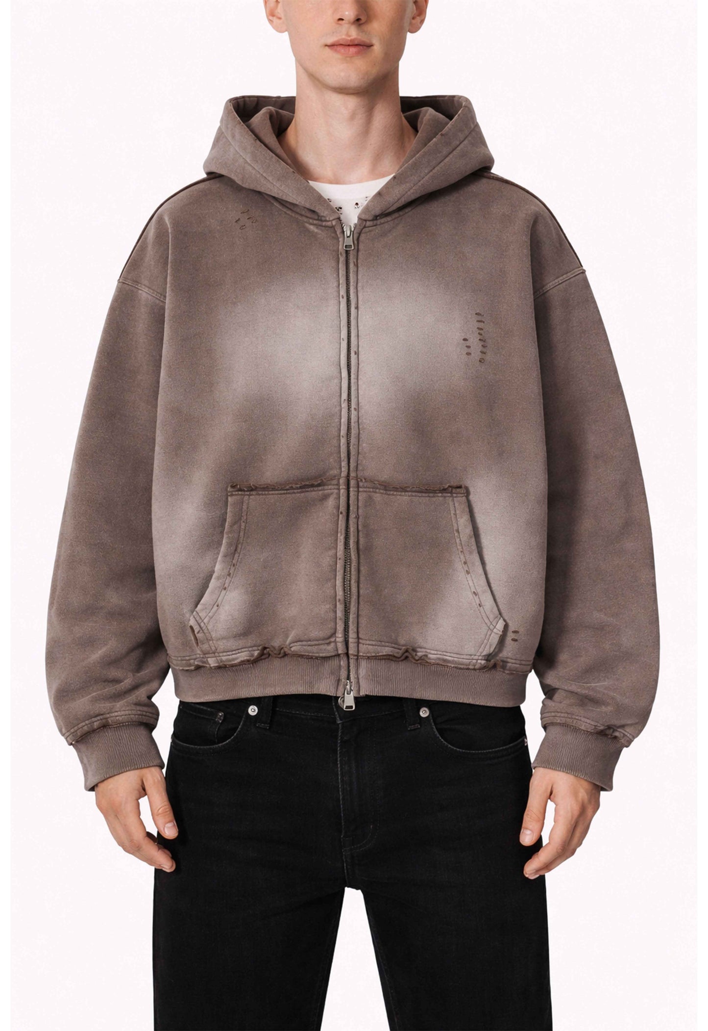 BROWN DISTRESSED ZIP HOODIE