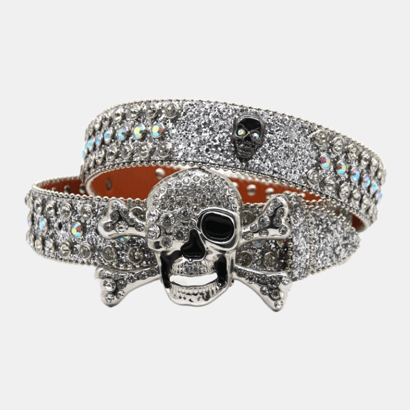 Skull Emblem Rhinestone Slim Belt - Y2K Grunge Aesthetic | LuxuryUrbanwear