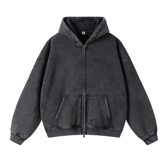 Retro Essence Vintage Washed Zip-Up Hoodie - Oversized | LuxuryUrbanwear - Luxuryurbanwear