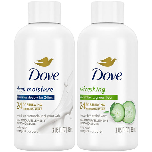 Dove Body Wash Travel Essentials Variety 2-Pack – Refreshing Cucumber & Green Tea + Deep Moisture Nourishing Body Washes 3 Oz Ea