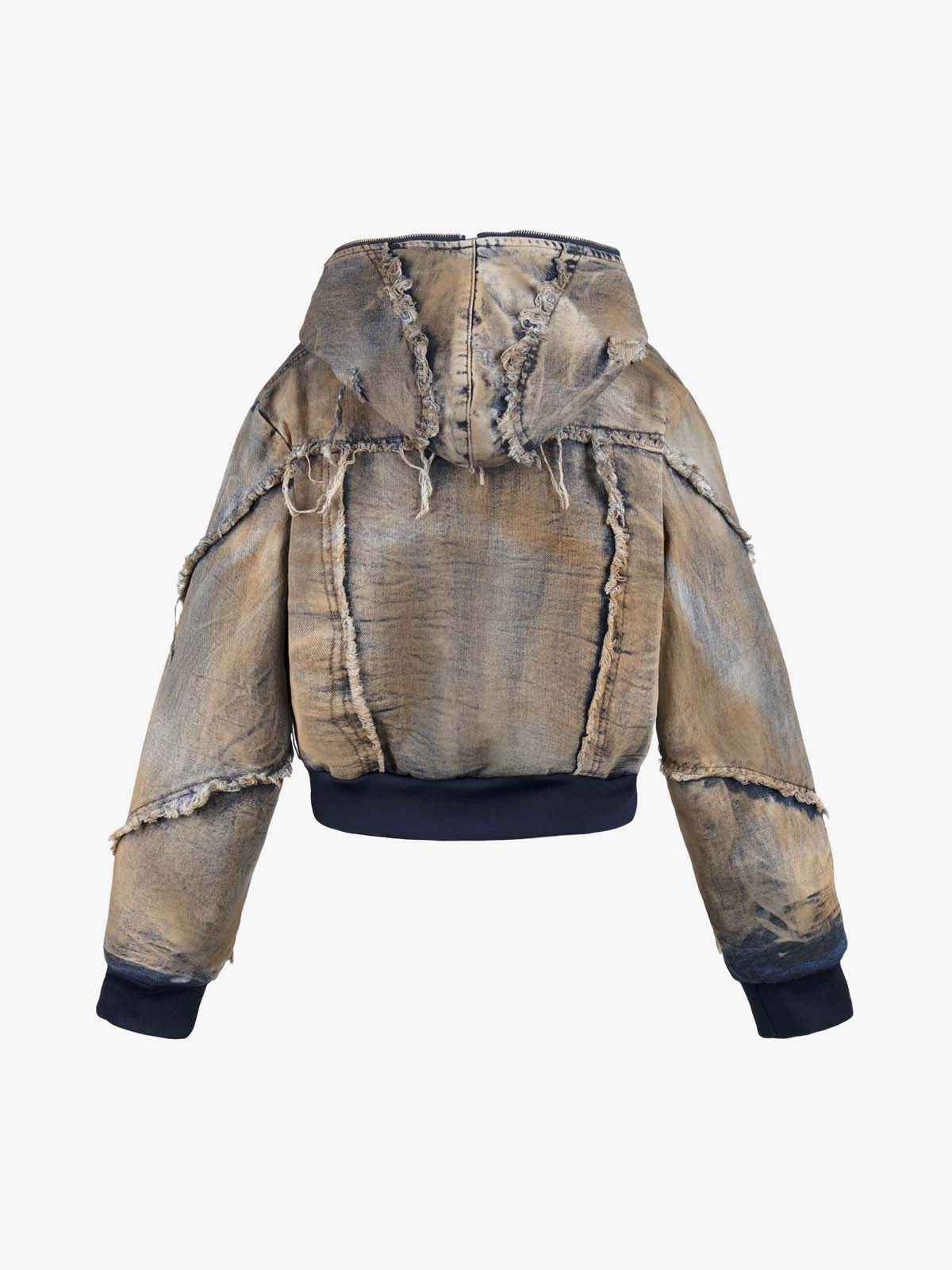 Distressed Mud-Dyed Frayed Edge Denim Bomber Jacket