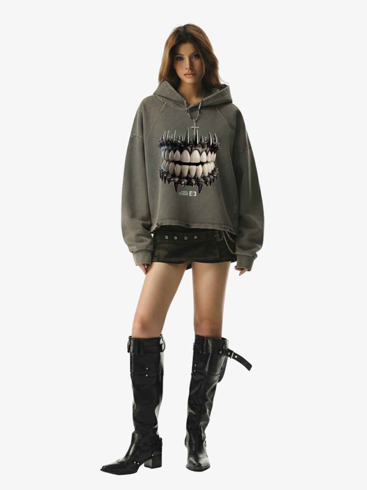 Dark Monster Teeth Graphic Cropped Hoodie