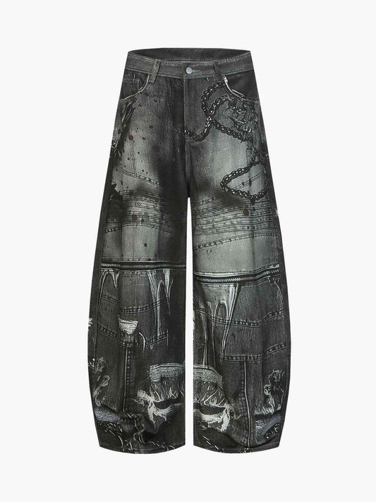 Abstract Graphic Print Wide Leg Barrel Jeans