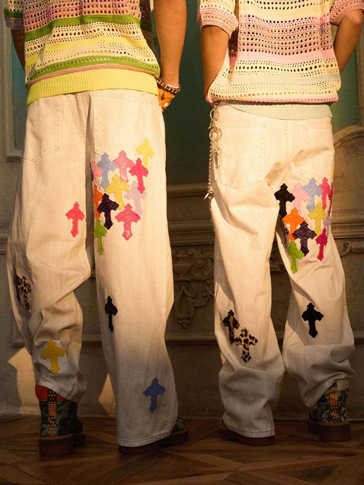 Colorful Cross Patch Straight Leg with Detachable Chain Jeans