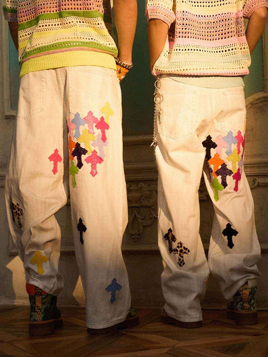 Colorful Cross Patch Straight Leg with Detachable Chain Jeans