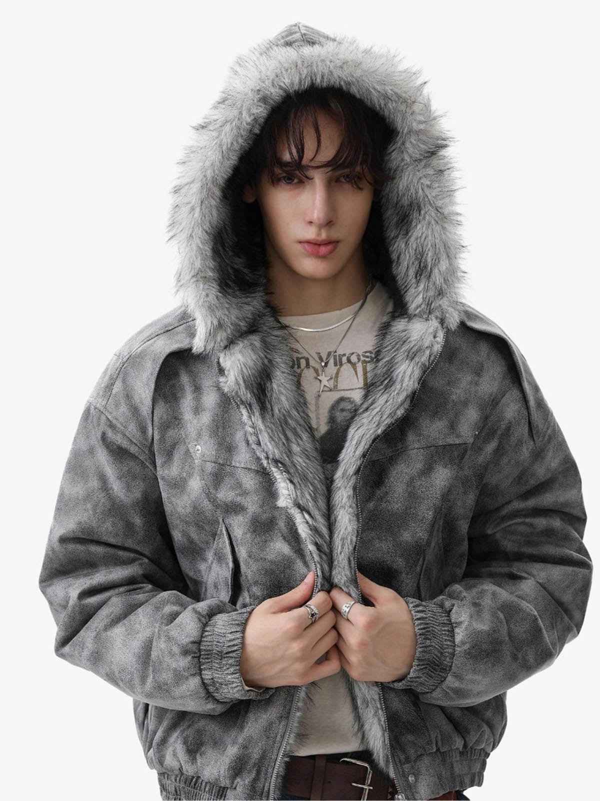 Faux Suede Vintage Wash Fur Hood Padded Jacket - 2553