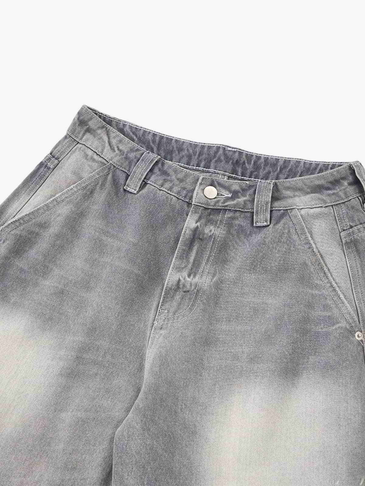 Retro Washed Distressed Curved Blade Wide-Leg Jeans
