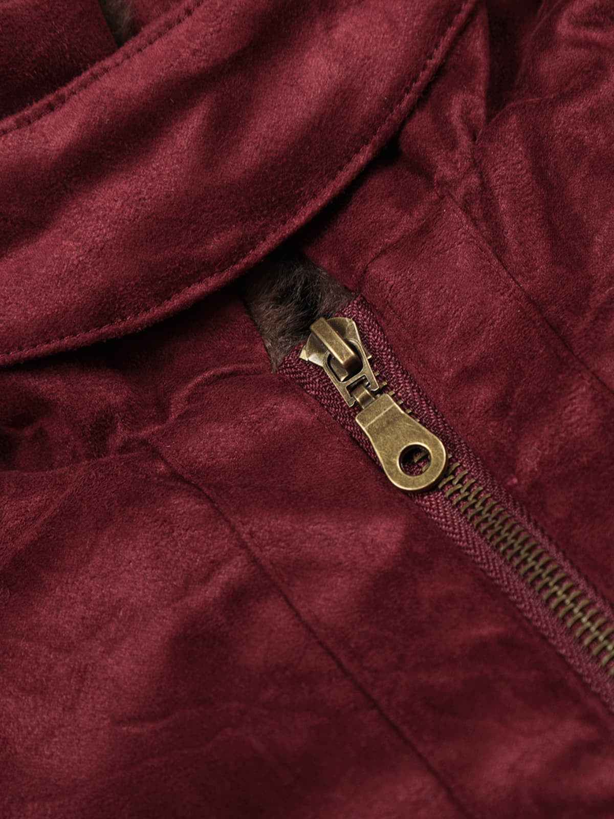 Retro Suede Faux Fur Collar Fleece Lined Bomber Jacket