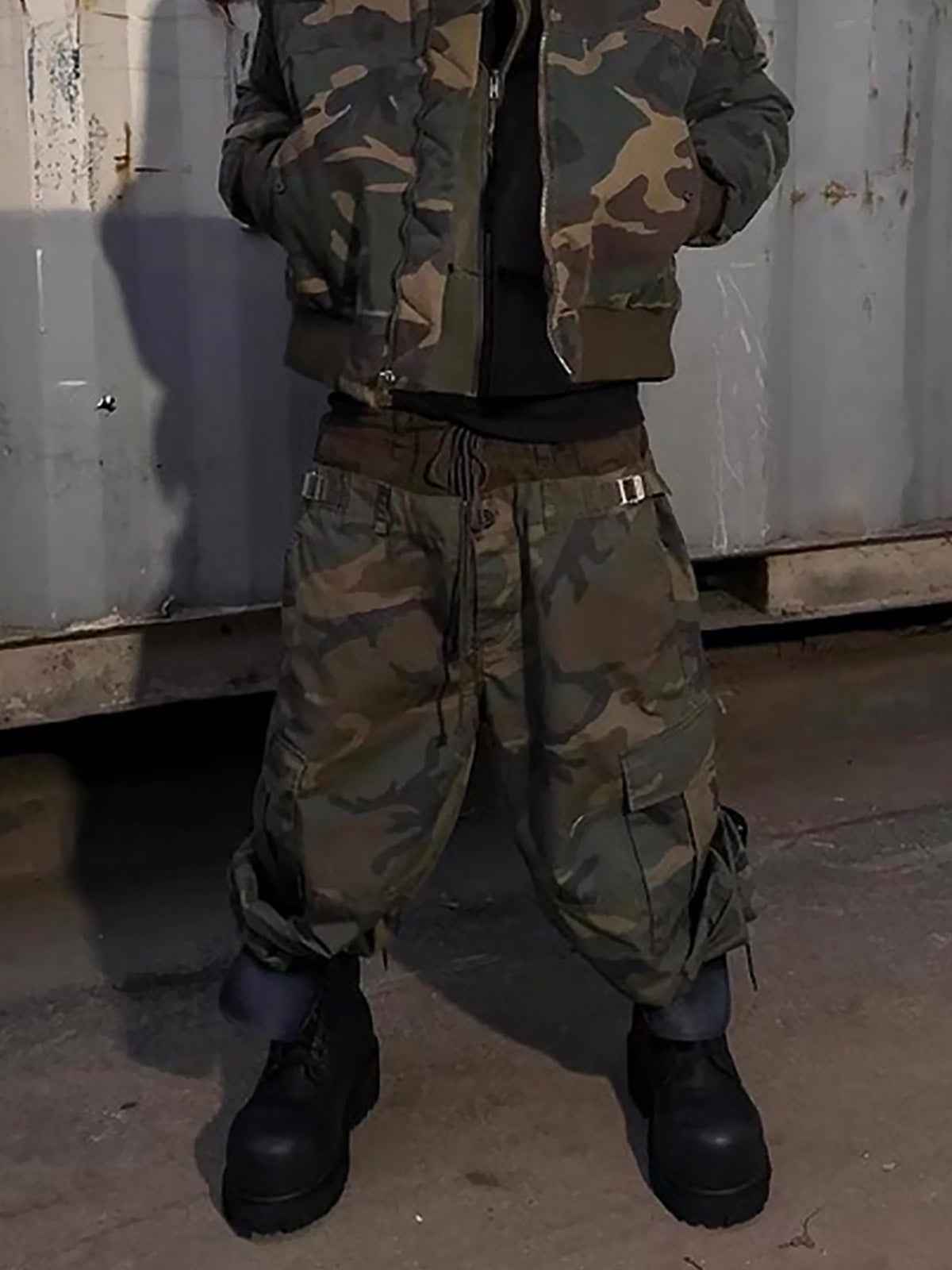Three-Waist Splicing Camouflage Cargo Buckle Waist Design Overalls
