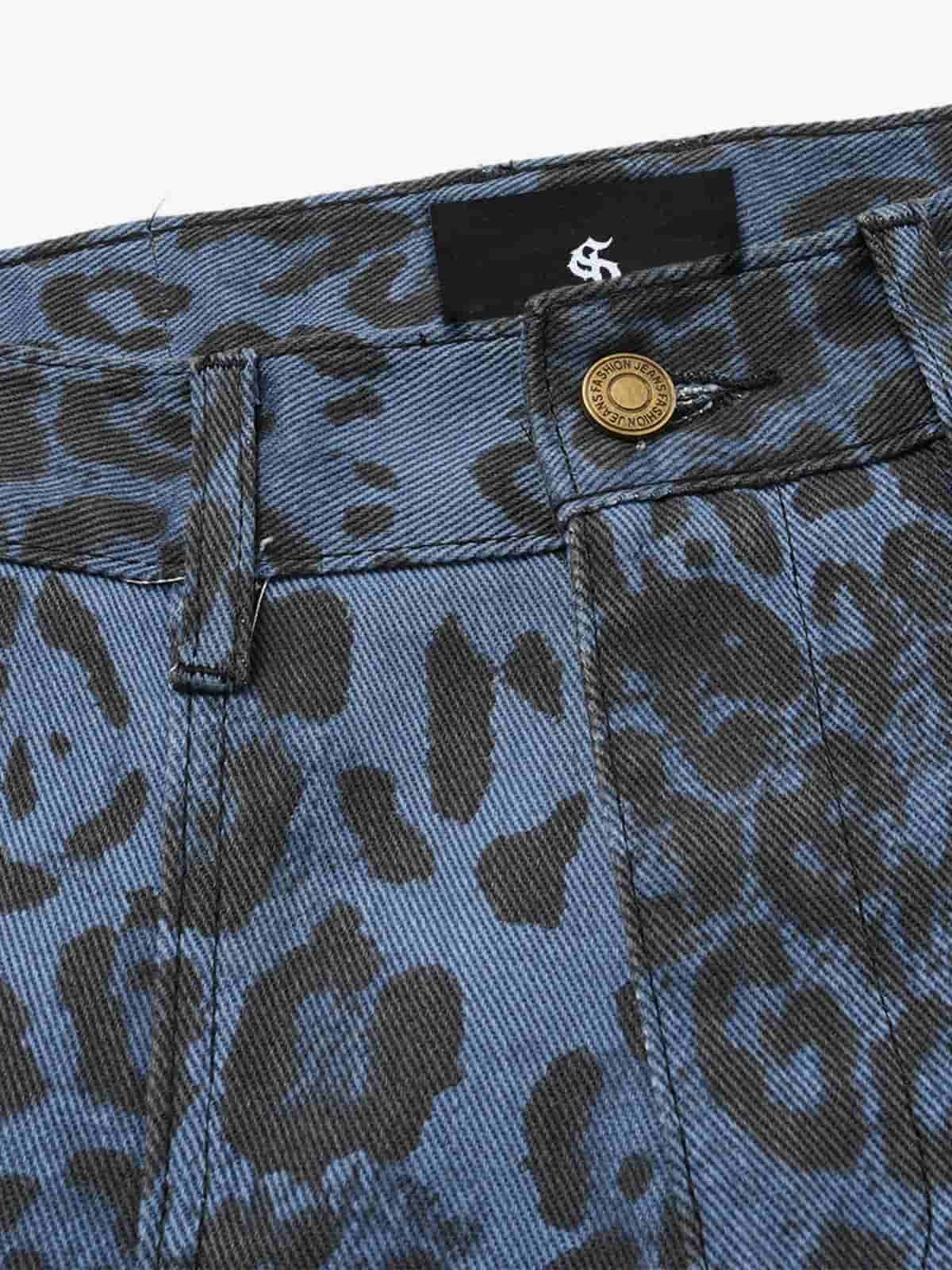 Retro Leopard Print Blue Washed Distressed Jeans - Luxuryurbanwear