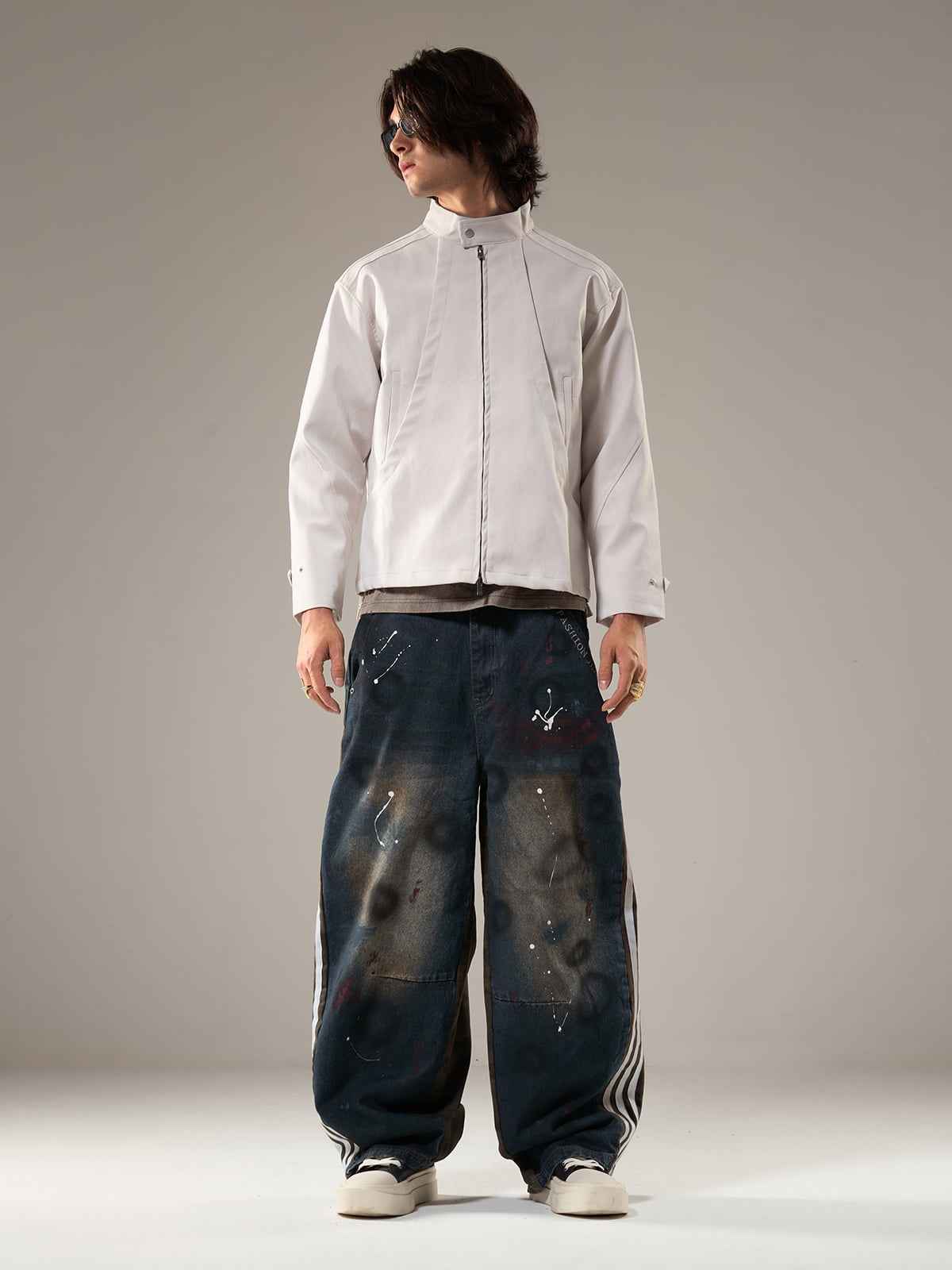 Washed Stripe Patchwork Totem Print Baggy Jeans