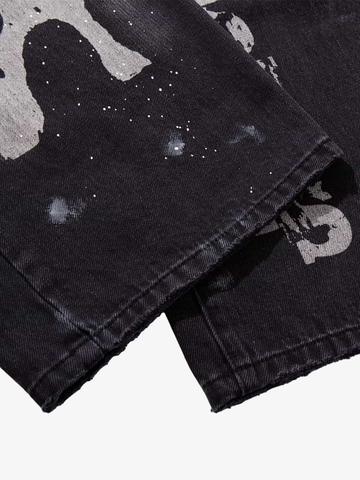 Retro Rhinestone Graffiti Washed Straight Jeans - Luxuryurbanwear