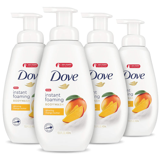 Dove Foaming Body Wash for All Skin Types Mango Butter For Glowing Skin 13.5 Ounce (Pack of 4)