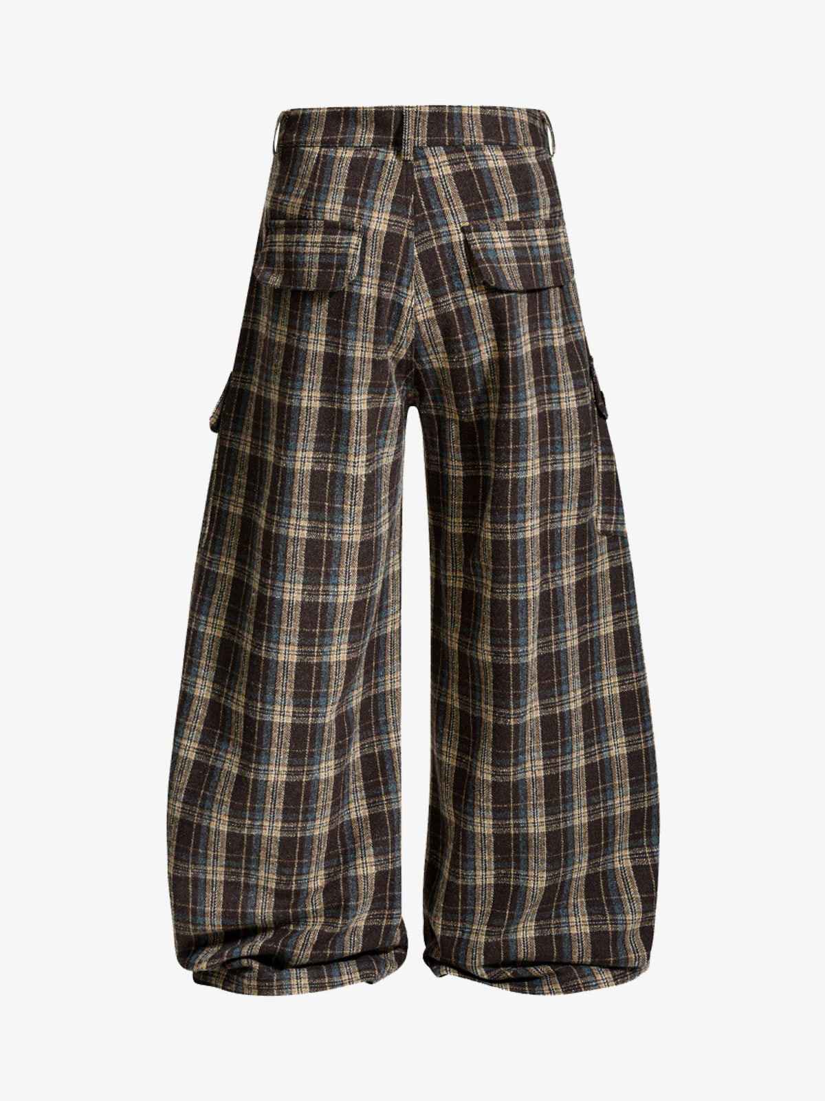 Vintage Plaid Pleated Multi-Pocket Cargo Casual Pants - 2524