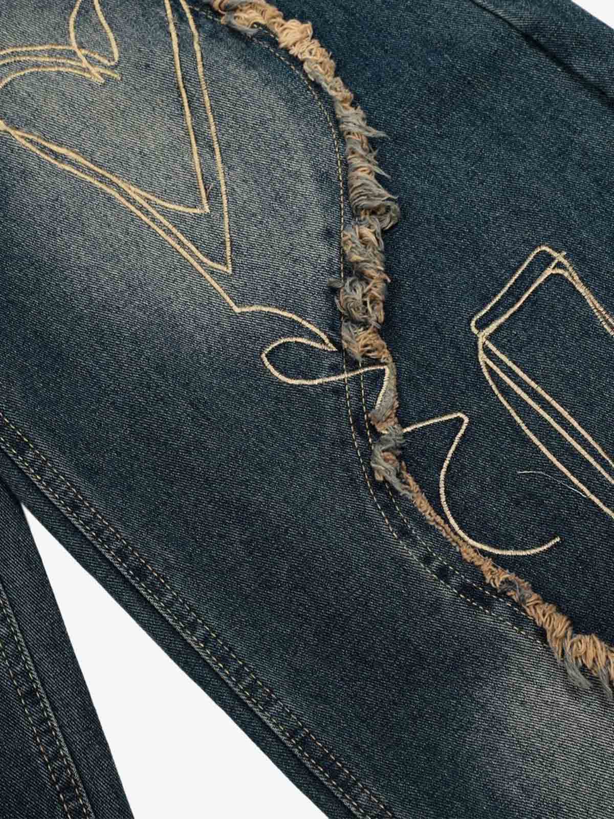 Vintage Embroidered Washed Raw-Edge Graffiti Scimitar Jeans - Luxuryurbanwear