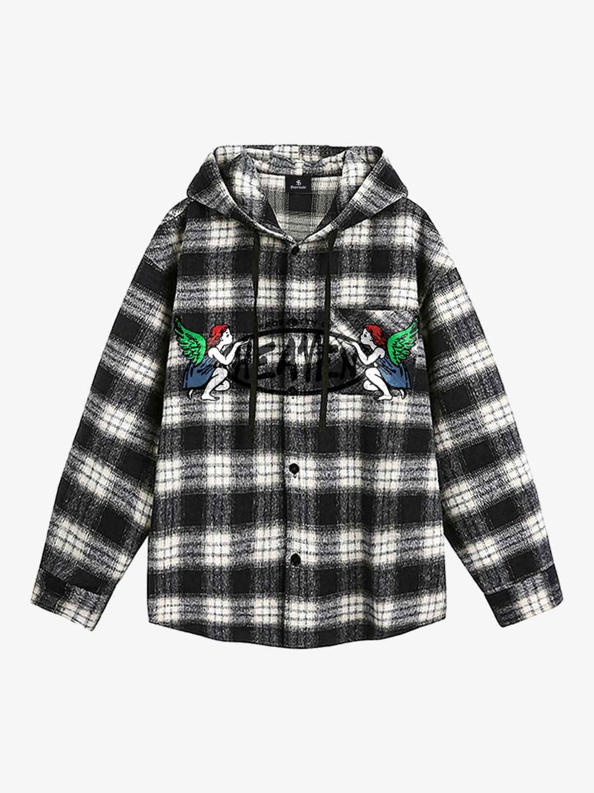 Vintage Black And White Plaid Angel Embroidered Hooded Shirt